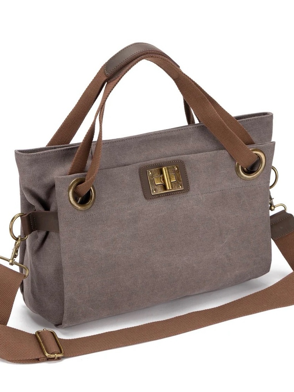 Canvas Tote Bag with Gold-Tone Hardware in Taupe